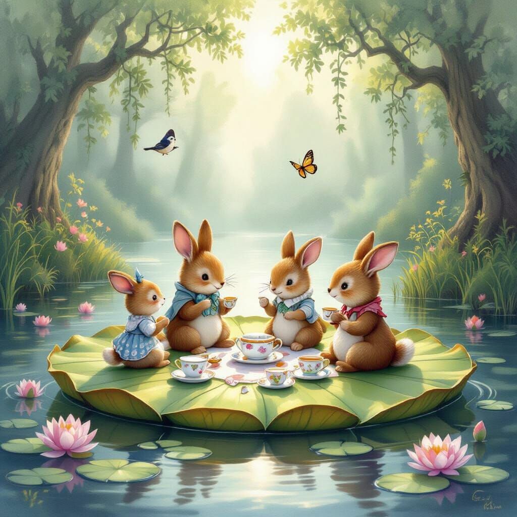Woodland Creatures Tea Party on Misty Lake