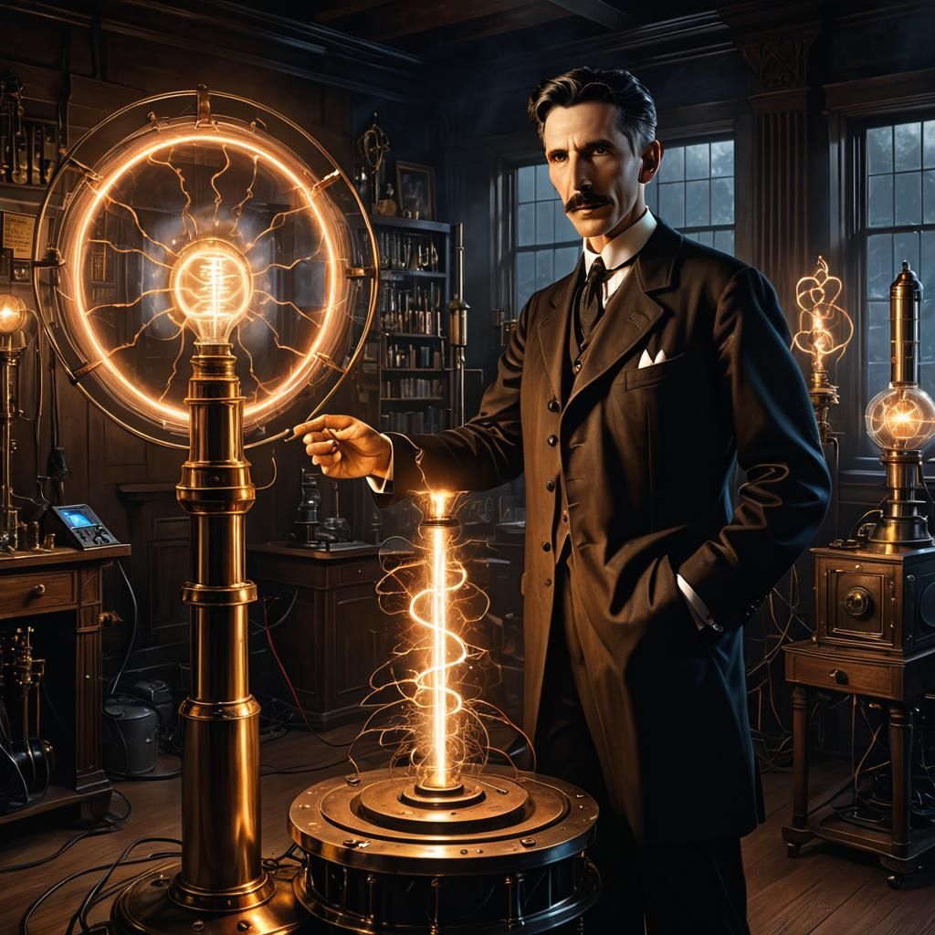 Nikola Tesla and Tesla Coil: A Hyperrealistic Portrait