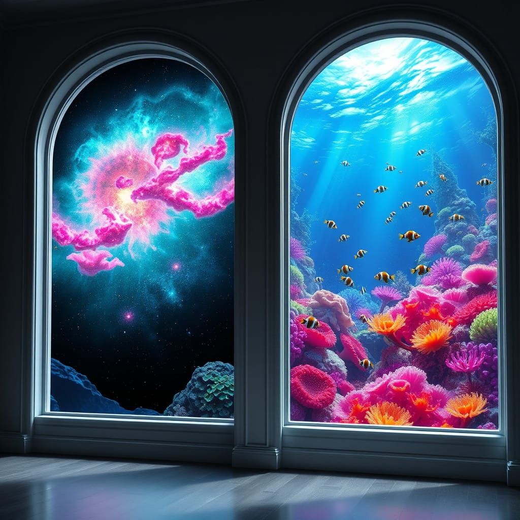 Enchanted Room with Cosmic and Underwater Scenes