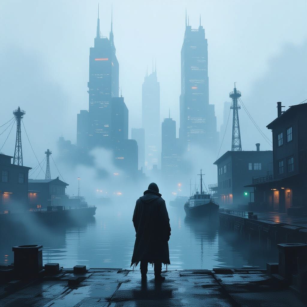 Cyberpunk Silhouette on Fog-Shrouded Docks