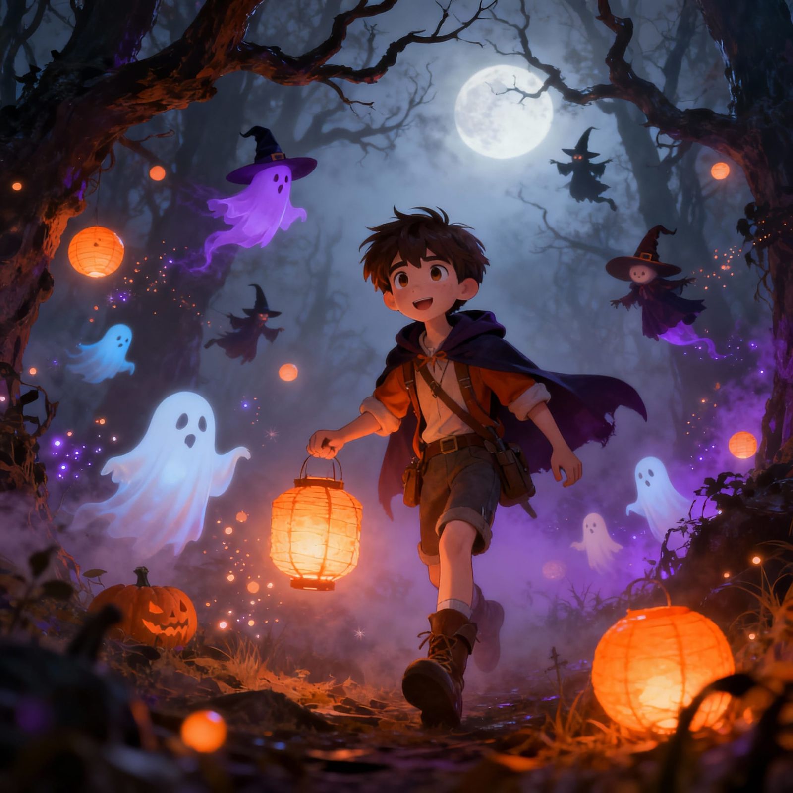 Anime Adventurer Meets Ghosts in Foggy Forest with Lanterns