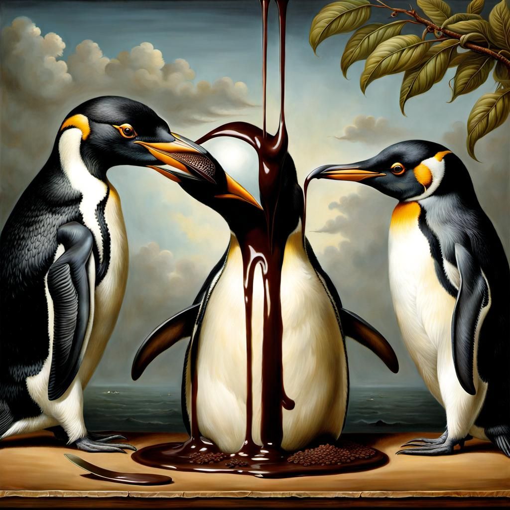 Surreal Penguin Feast Inspired by Master Artists