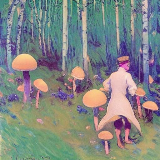 Dreamlike Landscape with Dancing Mushrooms, Impressionistic ...