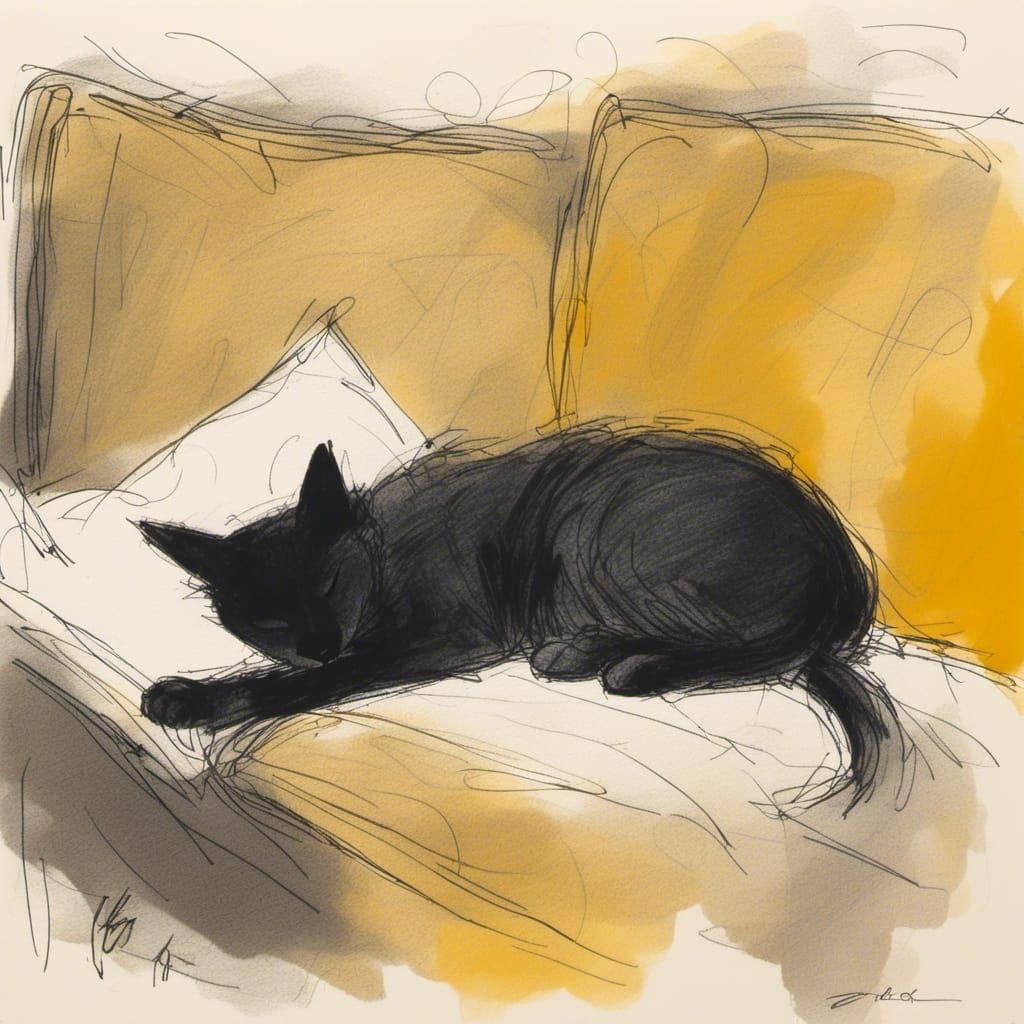 Colorful Cat Napping on Sofa in Scribble Ink