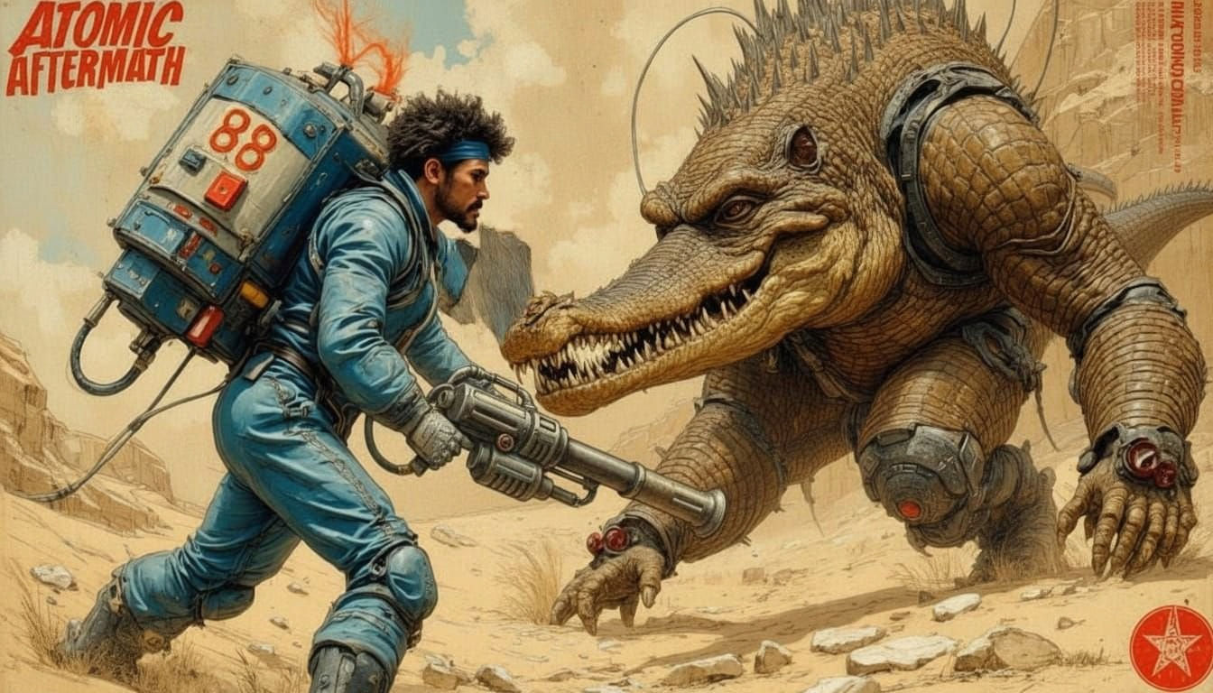 Atomic Aftermath Magazine Cover in Retro-Futuristic Style