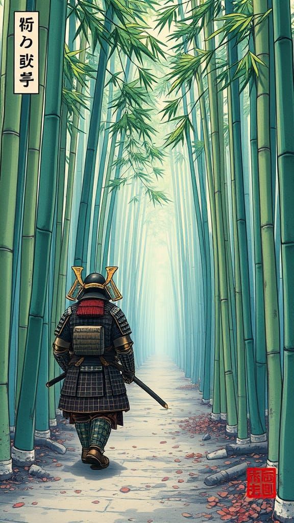Samurai in Bamboo Forest, Anime Art Style