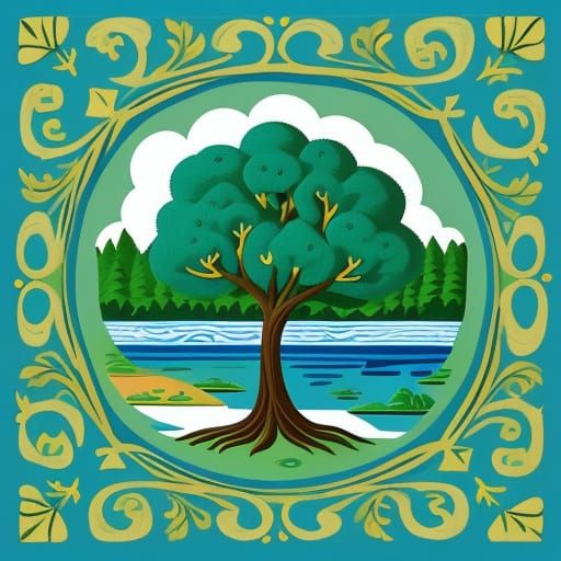 Naive Art Tree and Lake Painting