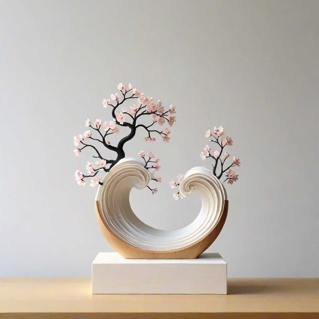 Minimalist Abstract Waves with Sakura in Soft Light