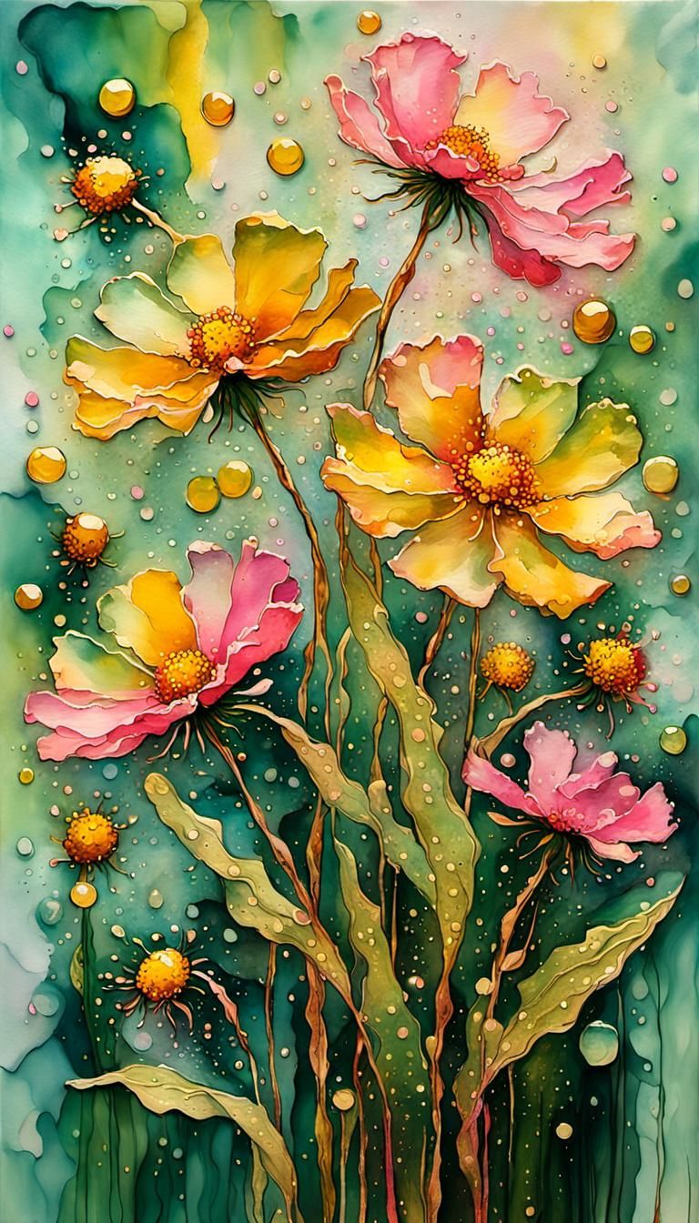 Abstract Alcohol Ink Sage Green Pink Splatter Wash, Golden Sunrays, Bundled Realistic 3d Yellow Coreopsis Flowers, 3d Sh...