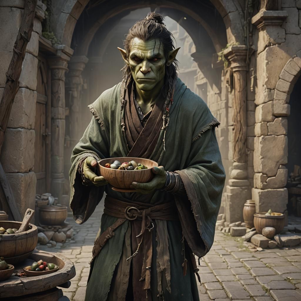 Half-Orc Beggar with Empty Bowl: Fantasy Concept Art