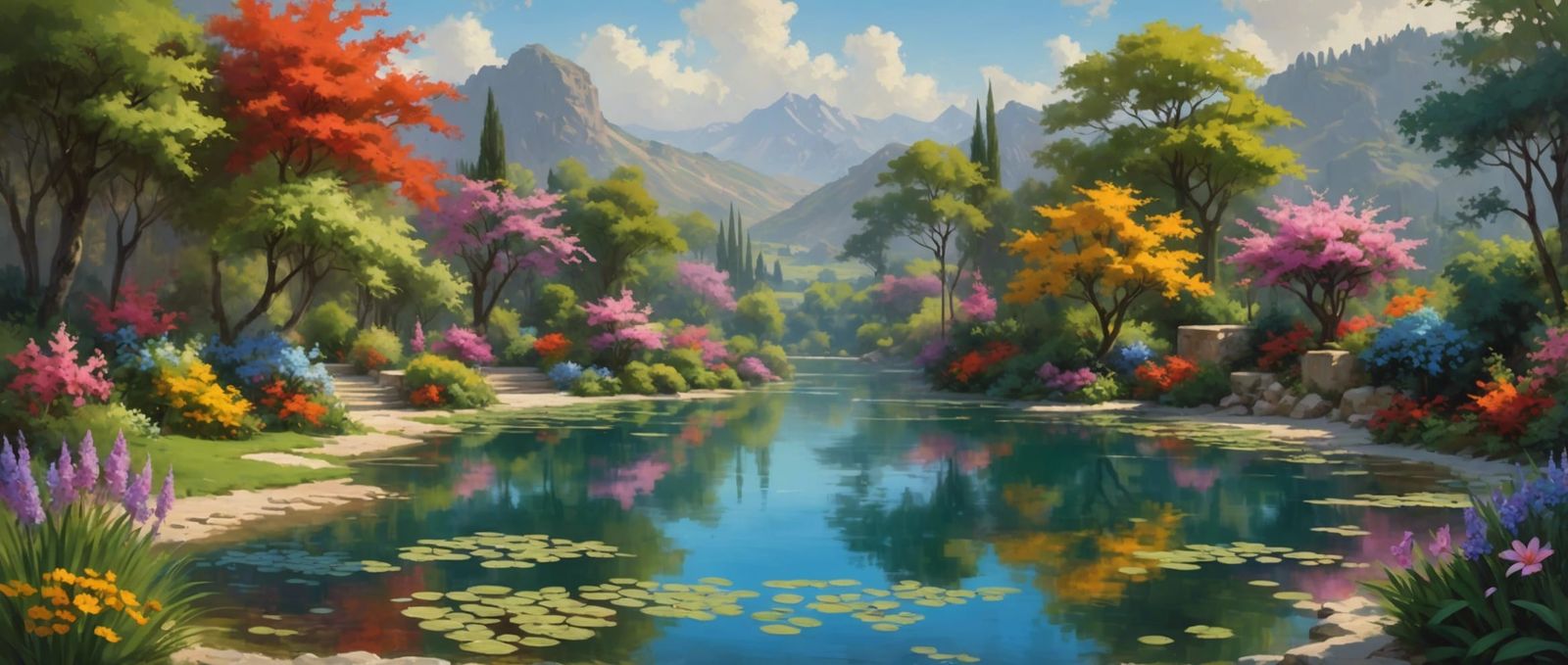 Lush Fantasy Oasis in Impressionist Style