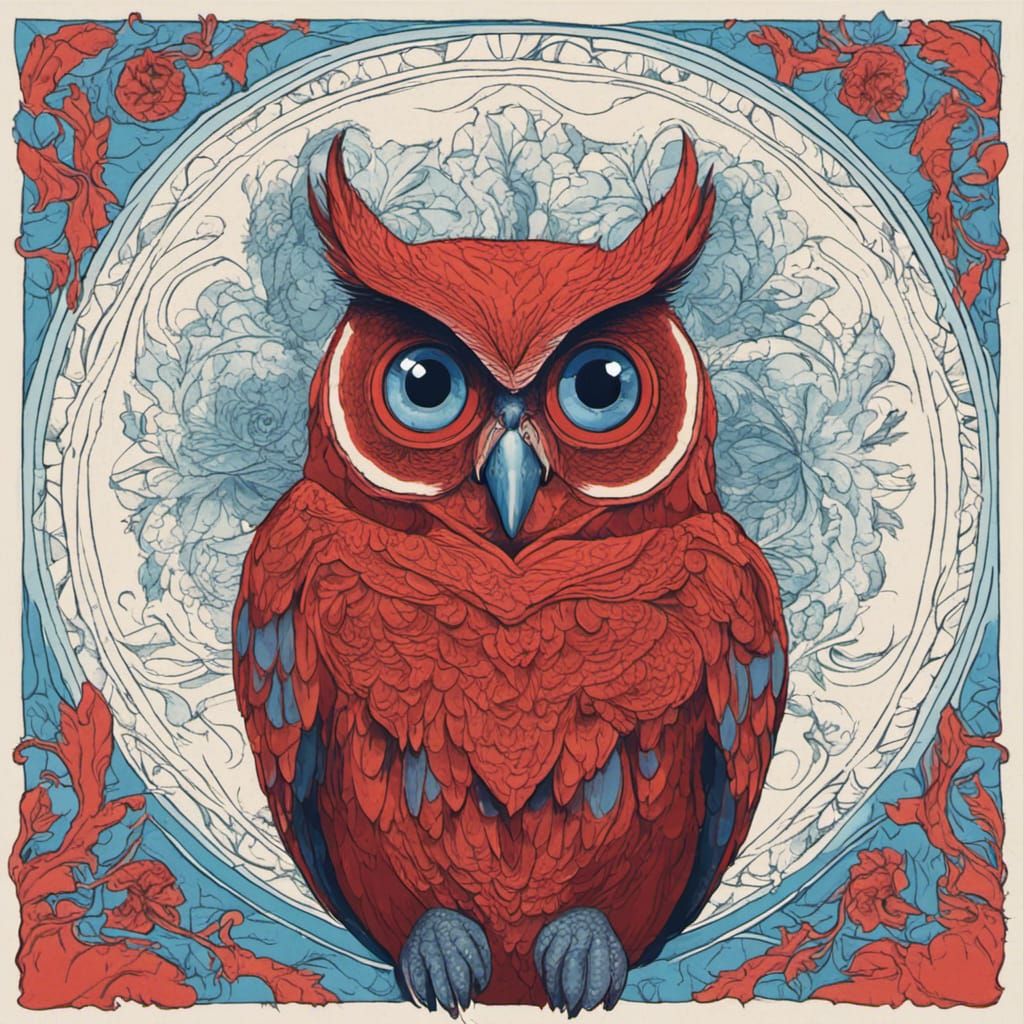 Vibrant Red Owl with Blue Eyes Illustration