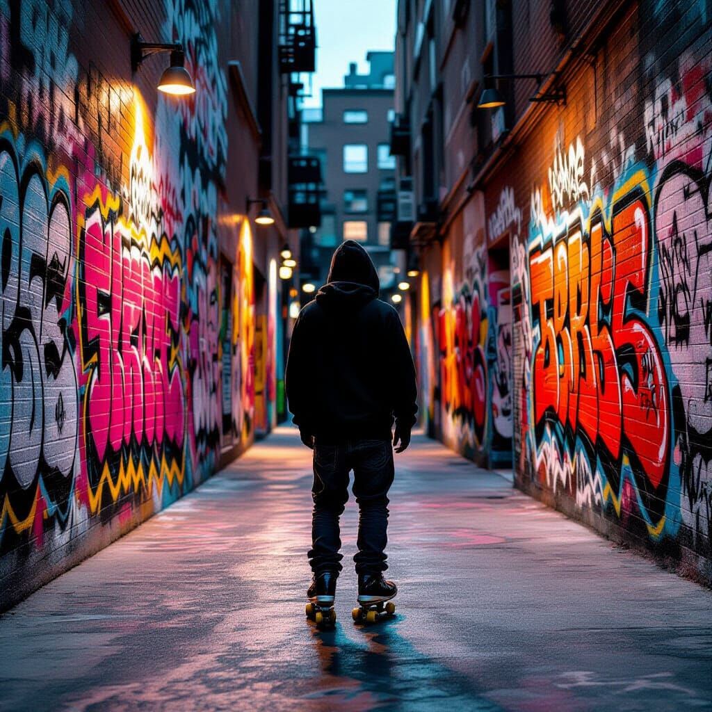 Skater in Hoodie Down Graffiti Alley