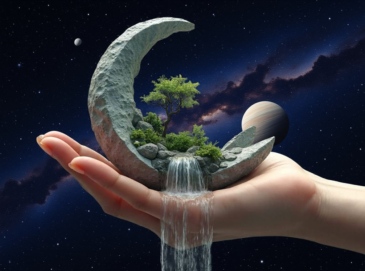 Hand Cradling Moon: Surreal 3D Render