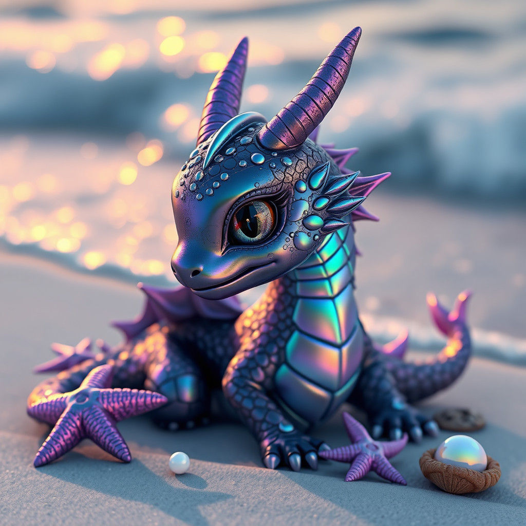 Iridescent Water Dragon on White Sand Beach
