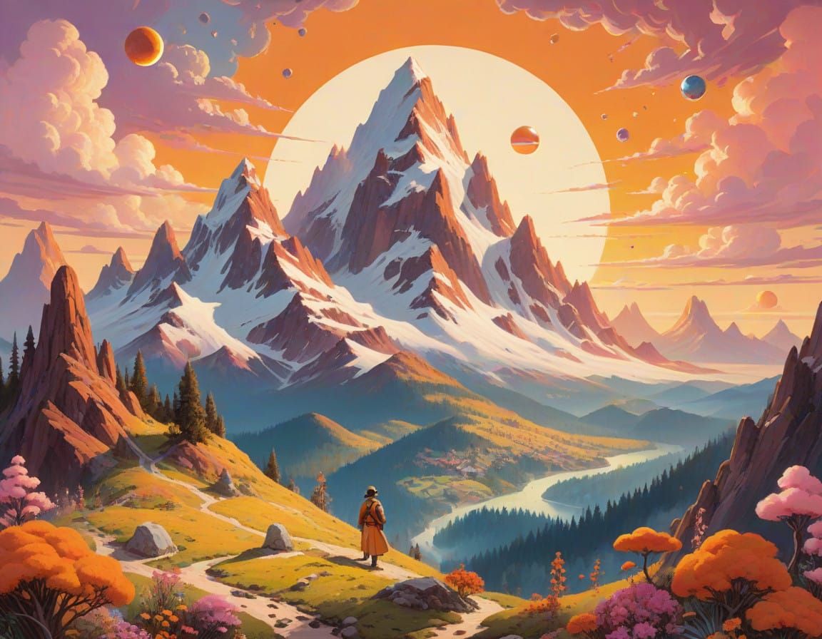 Surreal Mountain Landscape with Googly Eyes in Whimsical Gou...
