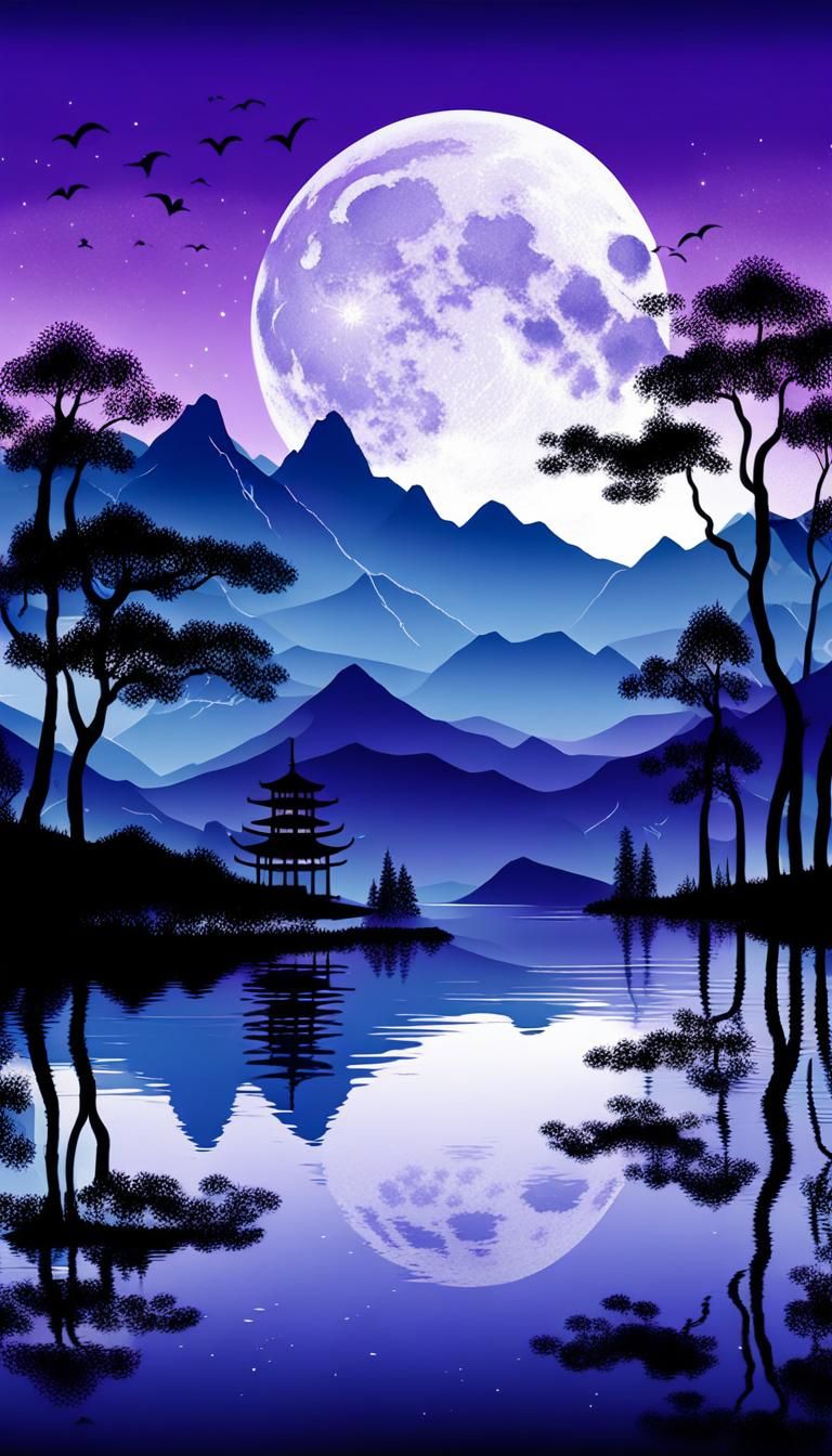 Moonlit Lake: A Minimalist Chinese Ink Painting