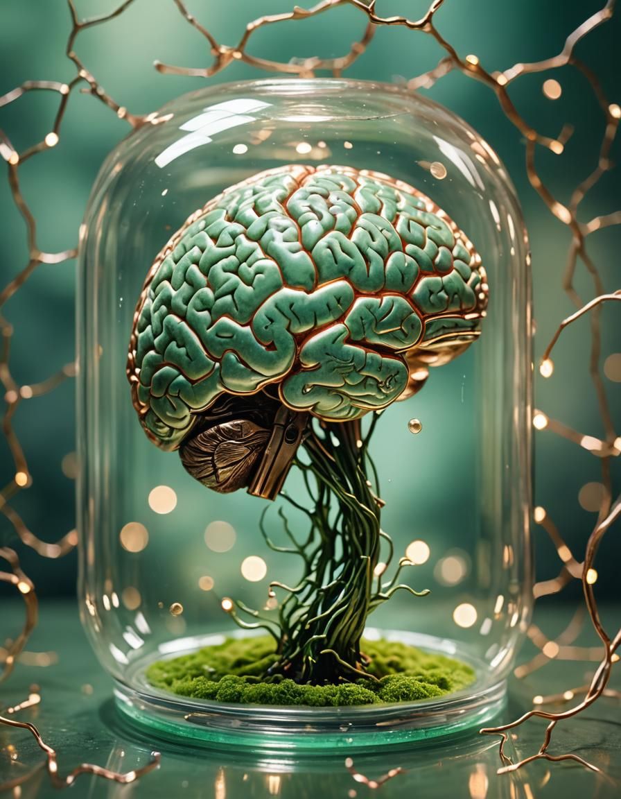 Human Brain in Glass Cylinder with Copper Web