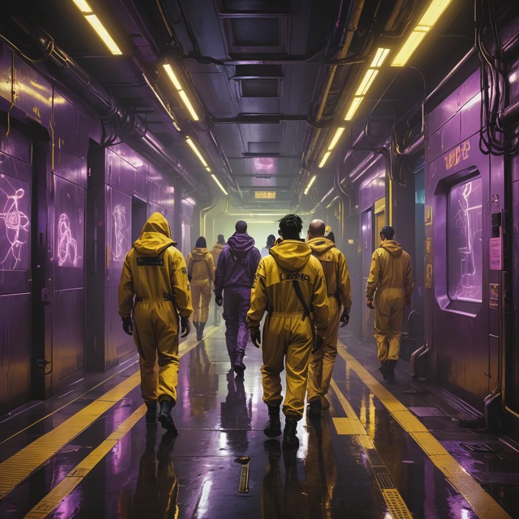 Cyberpunk Workers in Underground Hallway