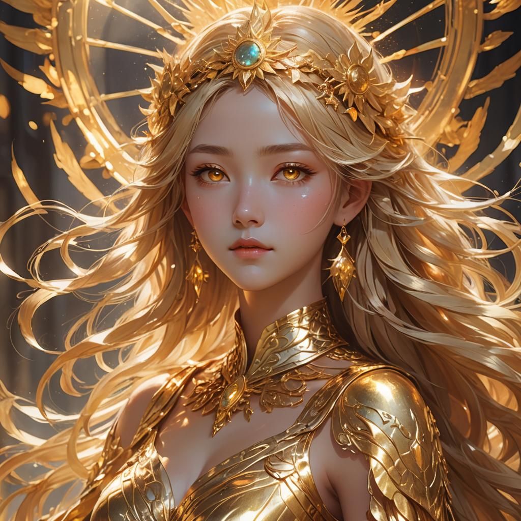 Golden Sun Goddess Portrait in Anime Style