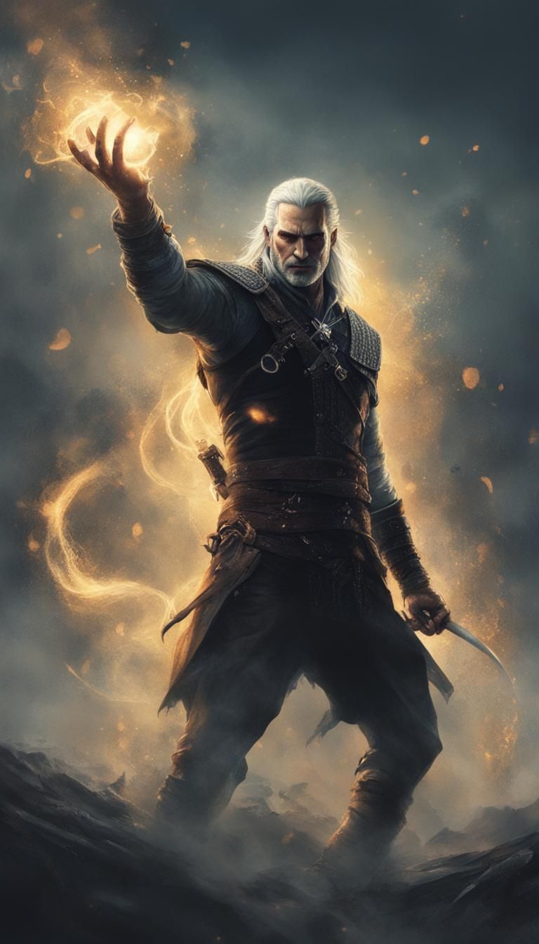 Mysterious Witcher Casting Spell in Dark Fantasy Landscape