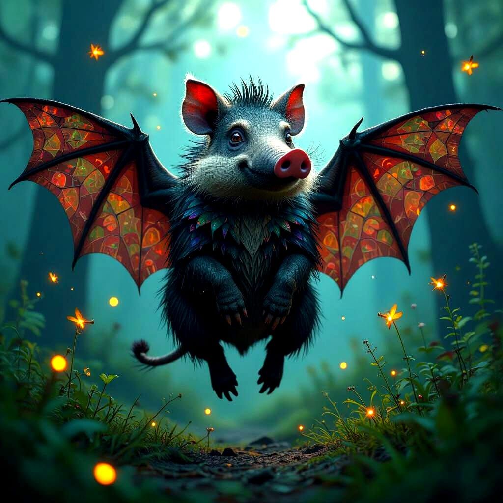 Surreal Warthog-Bat Hybrid in Twilight Forest