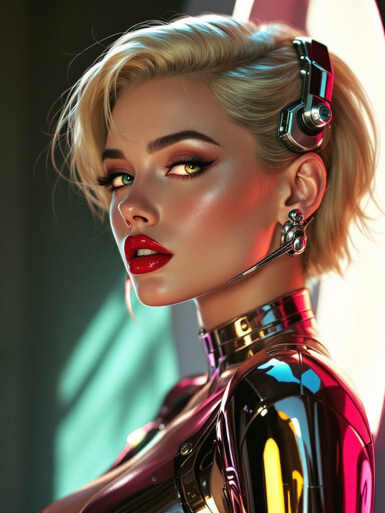 Pin-Up Woman with Fiery Touch and Cybernetic Aura