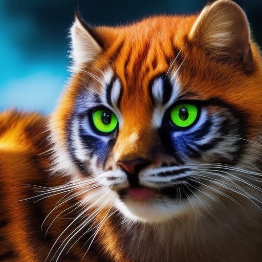 Playful Tiger Cub with Rainbow Bird: Hyperrealistic Art