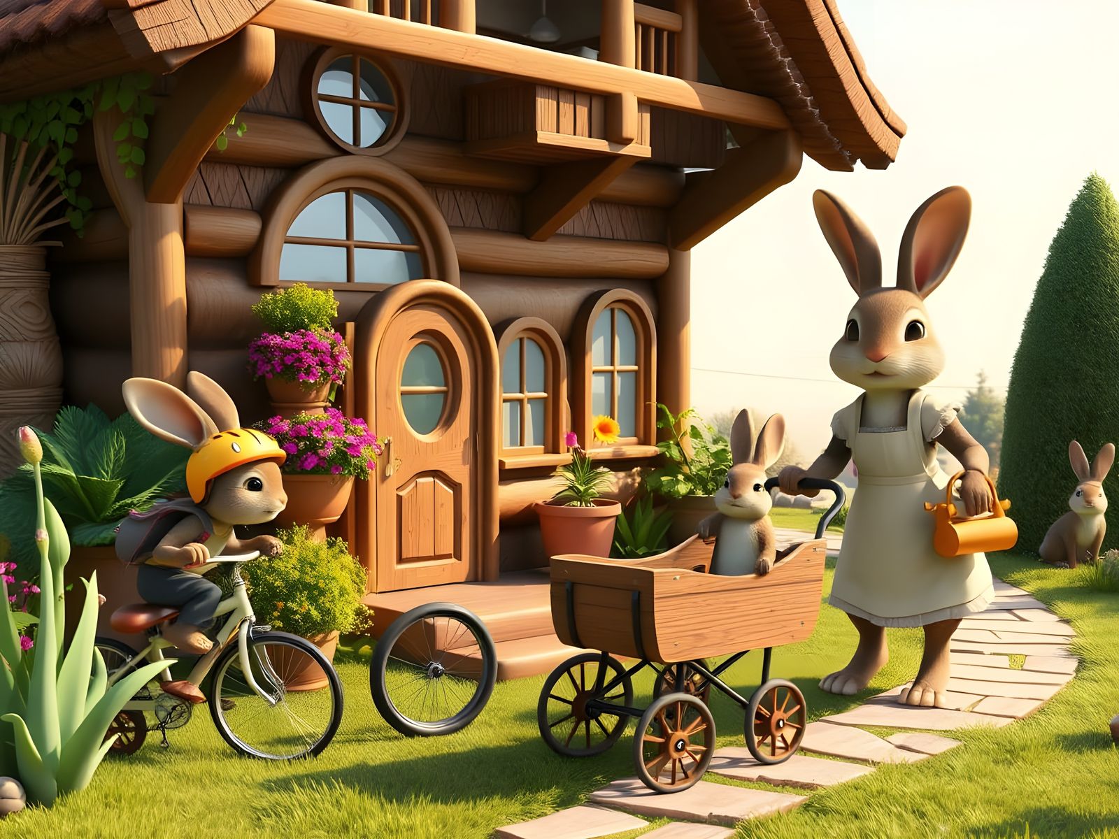Whimsical Hare Family in a Vibrant Dreamhouse