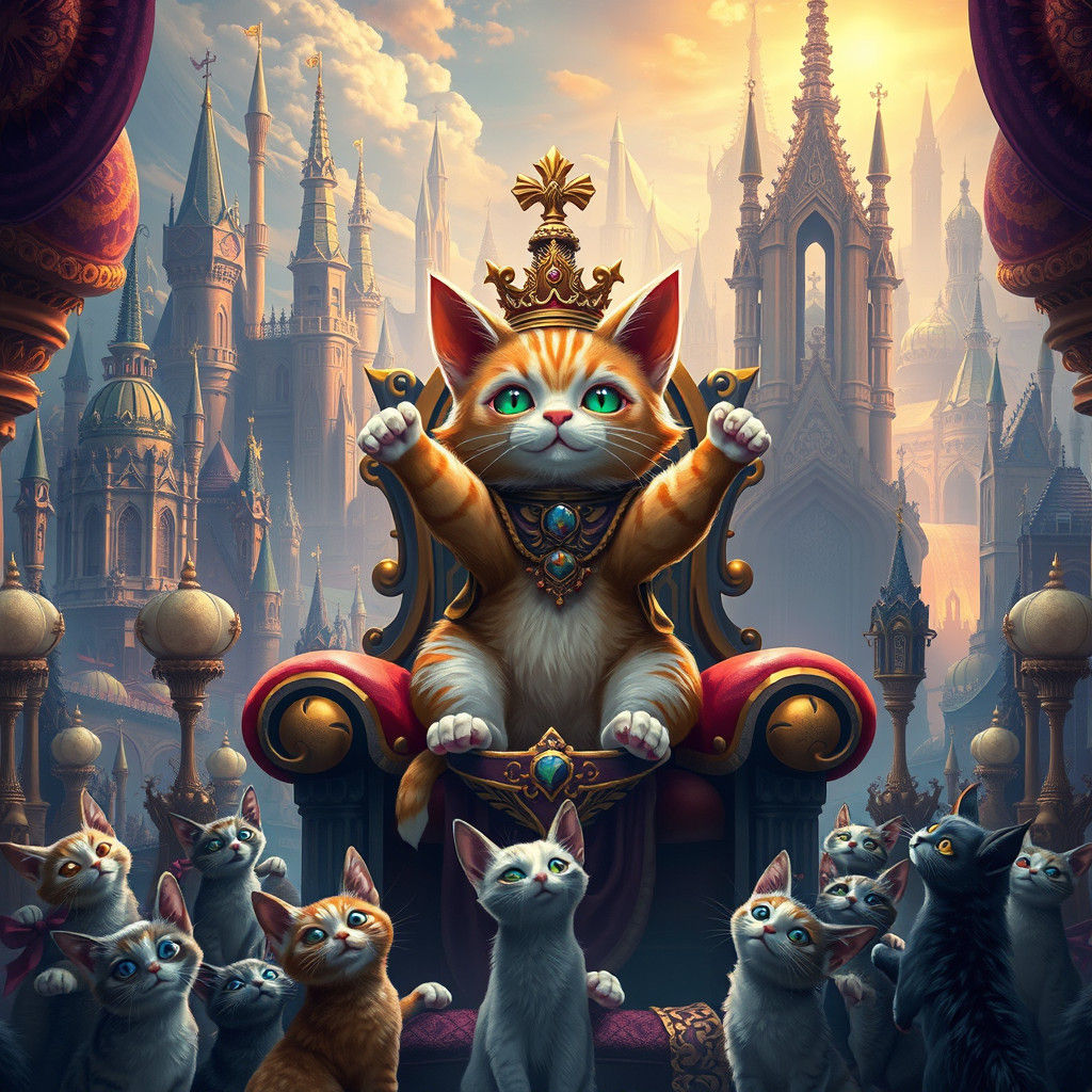Triumphant Cat Ruler in Ornate Fantasy Cityscape