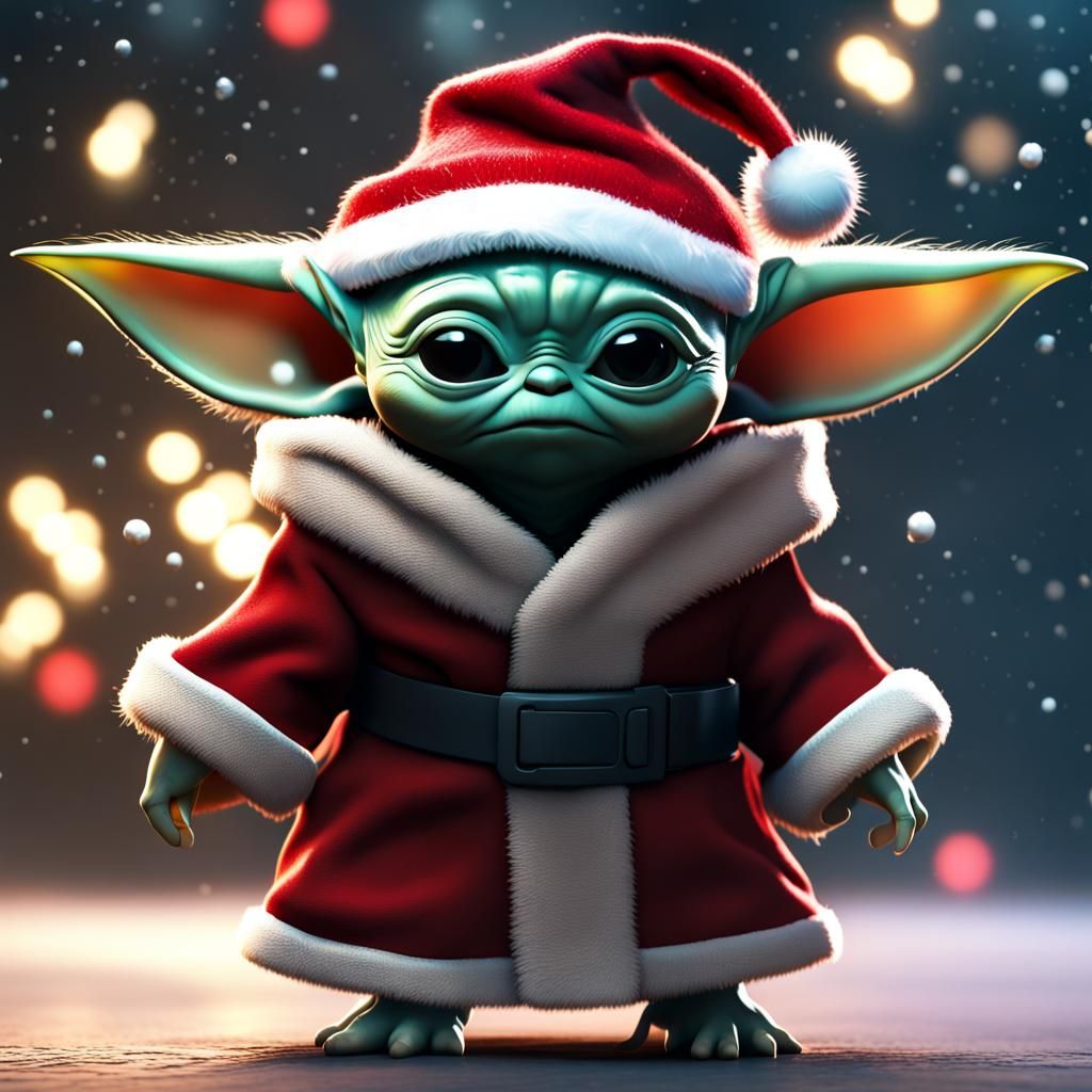 Baby Yoda in Santa Hat: Detailed Fantasy Art