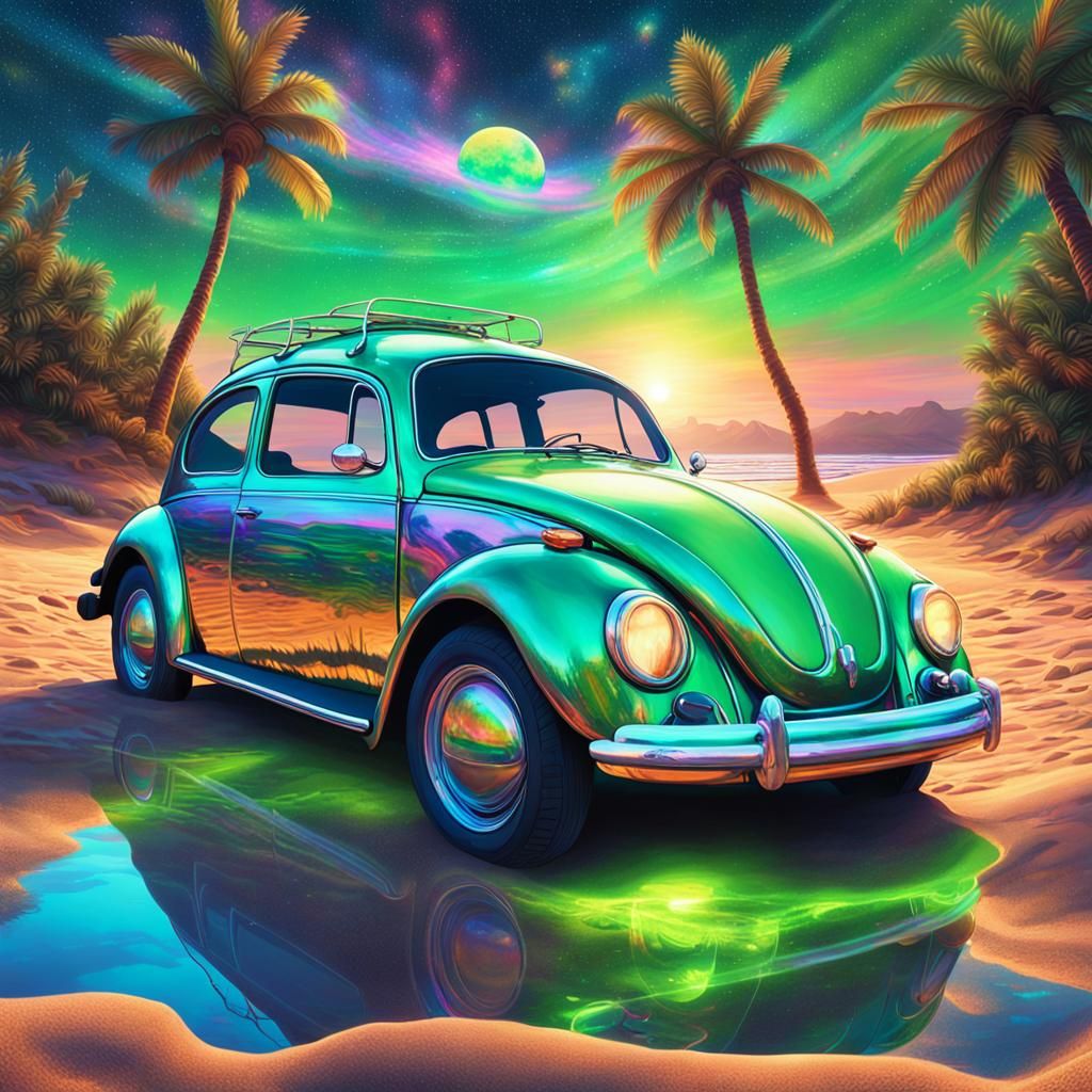 Green VW Beetle at Sunny Beach in Astral Style