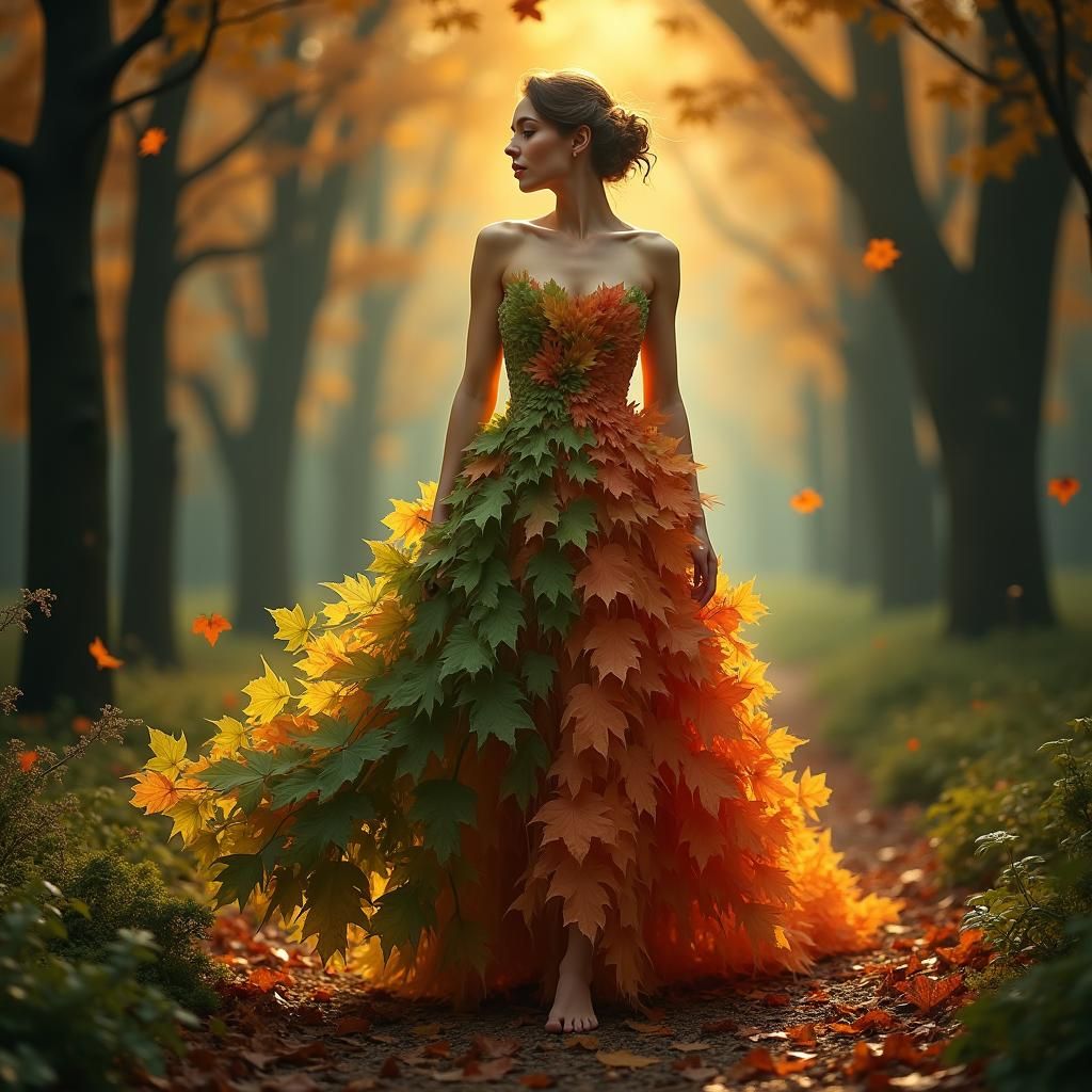 Woman in Autumn Leaf Gown in Enchanted Forest
