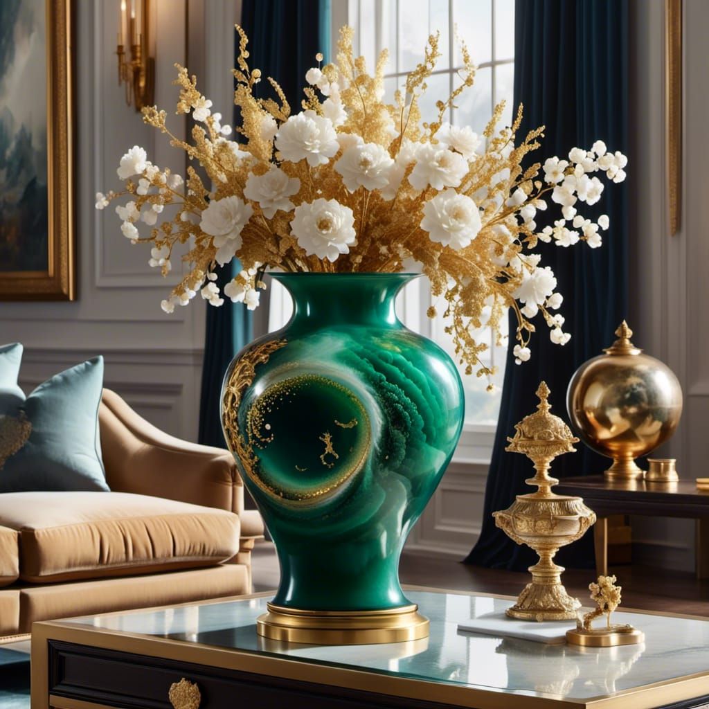 a home decor design of a beautiful jade vase with gold intri...