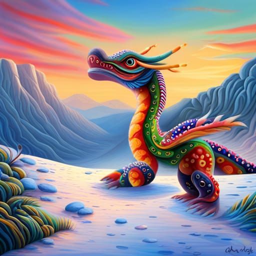 Colorful Alebrije Dragon in a Volcano