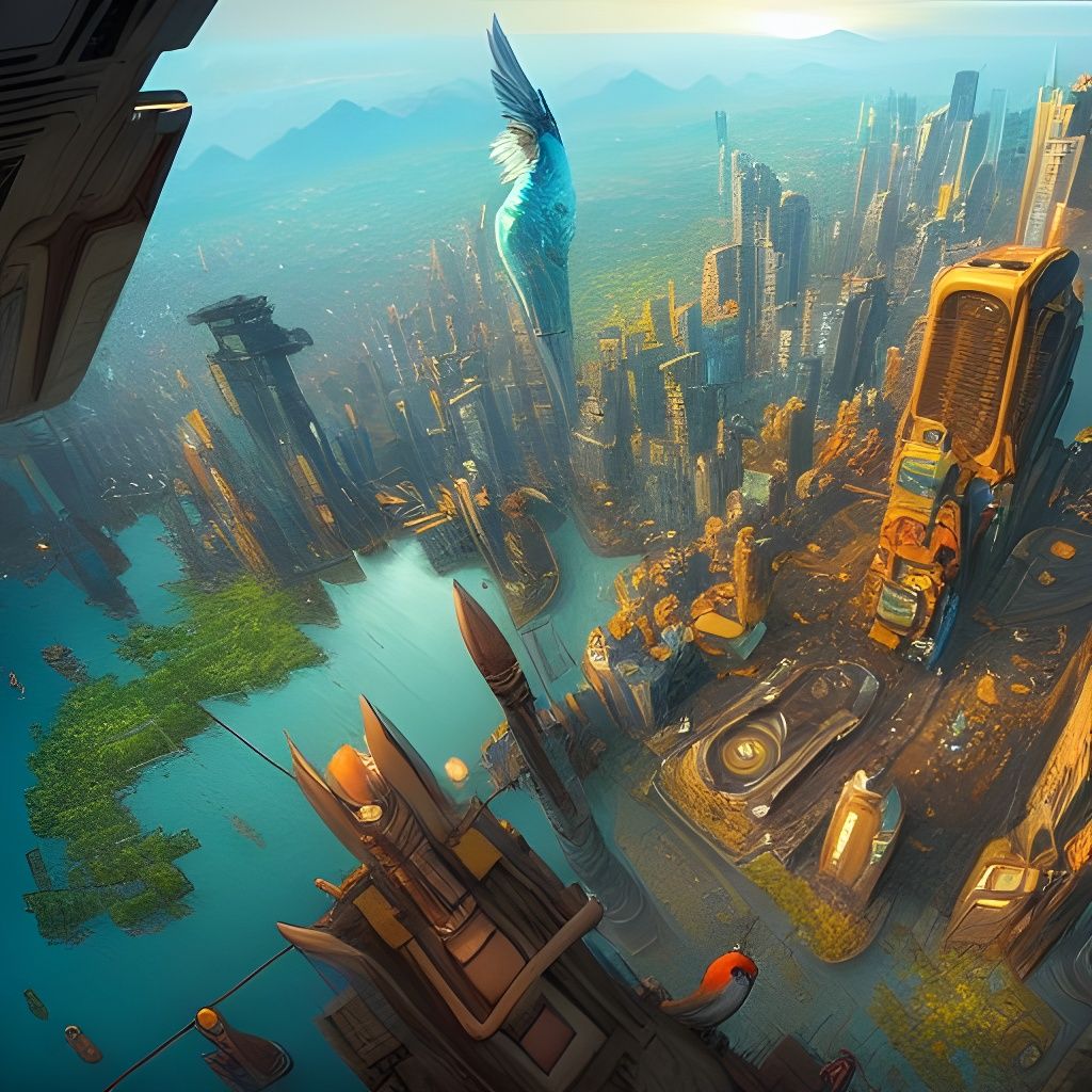 Furry Megacity Bird's-Eye View in Cyberpunk Style