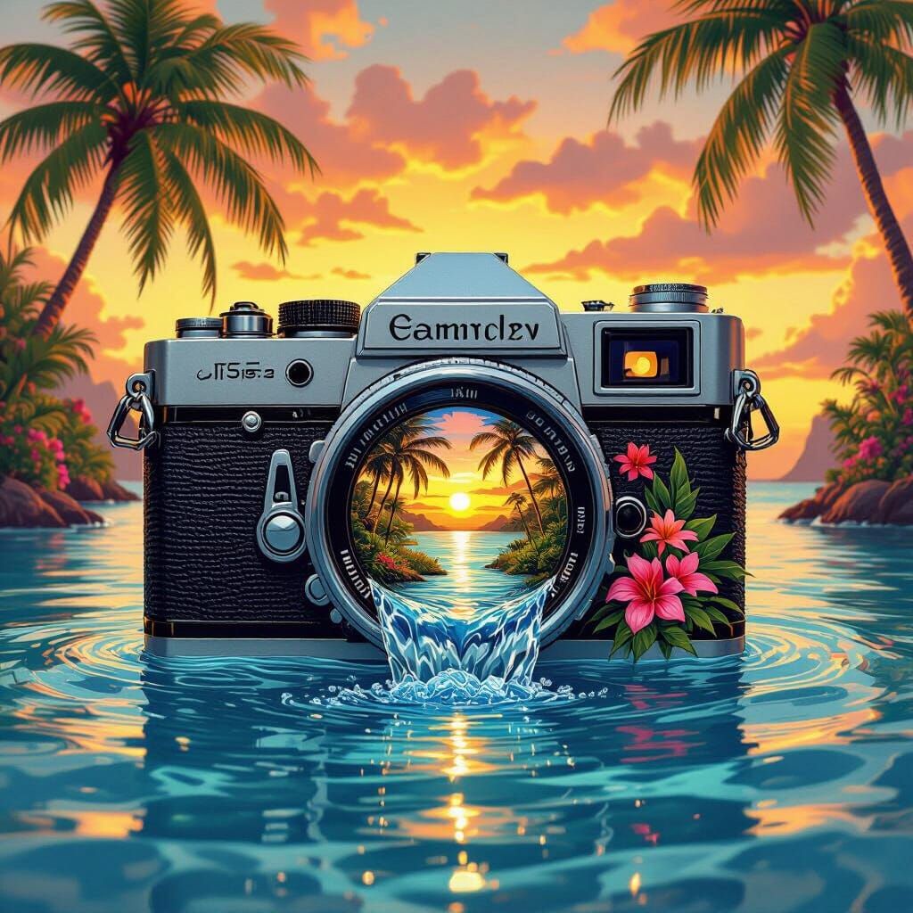 Tropical Oasis Camera in Comic Book Style