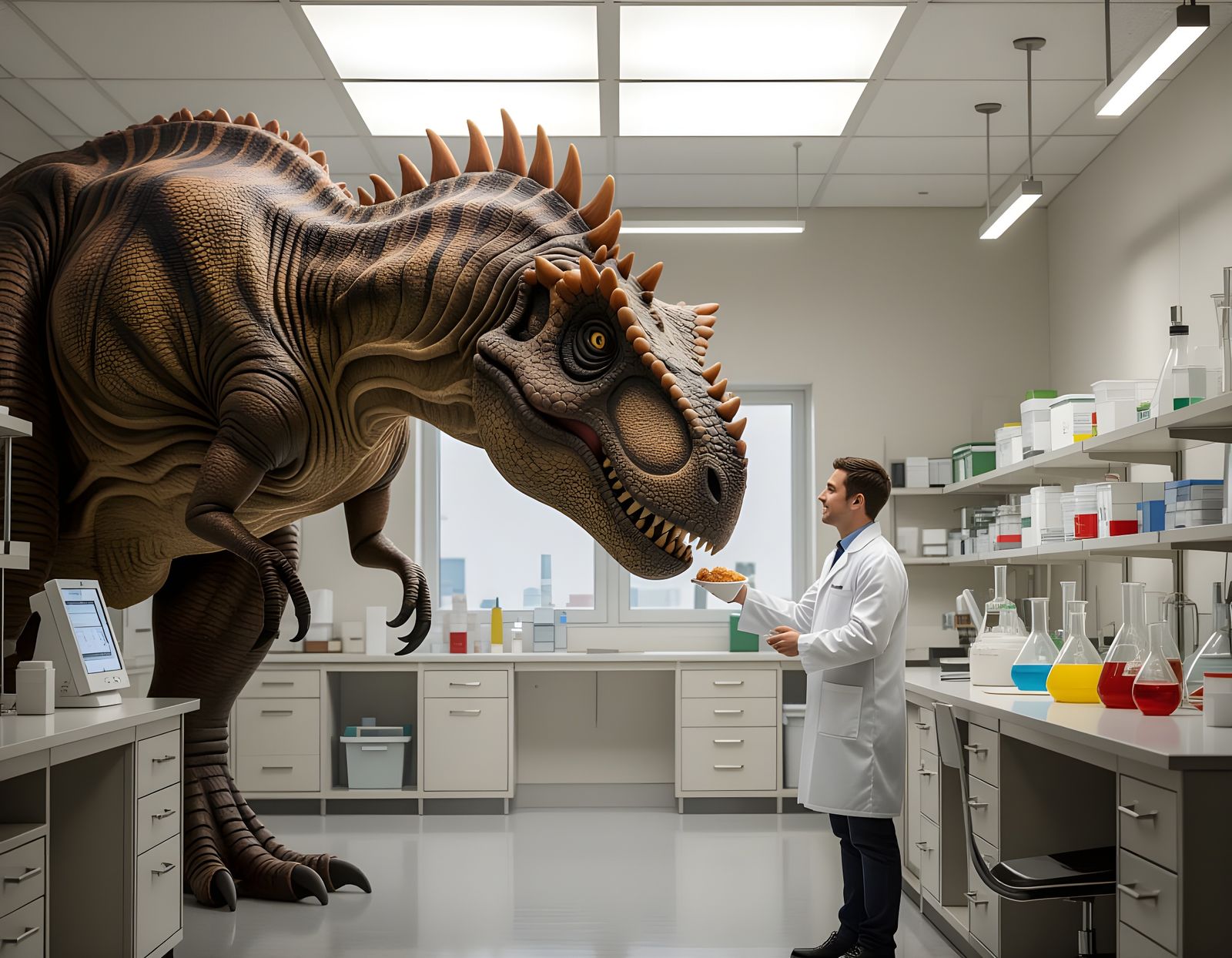 Dinosaur and Scientist Bond in a Magical Lab Scene
