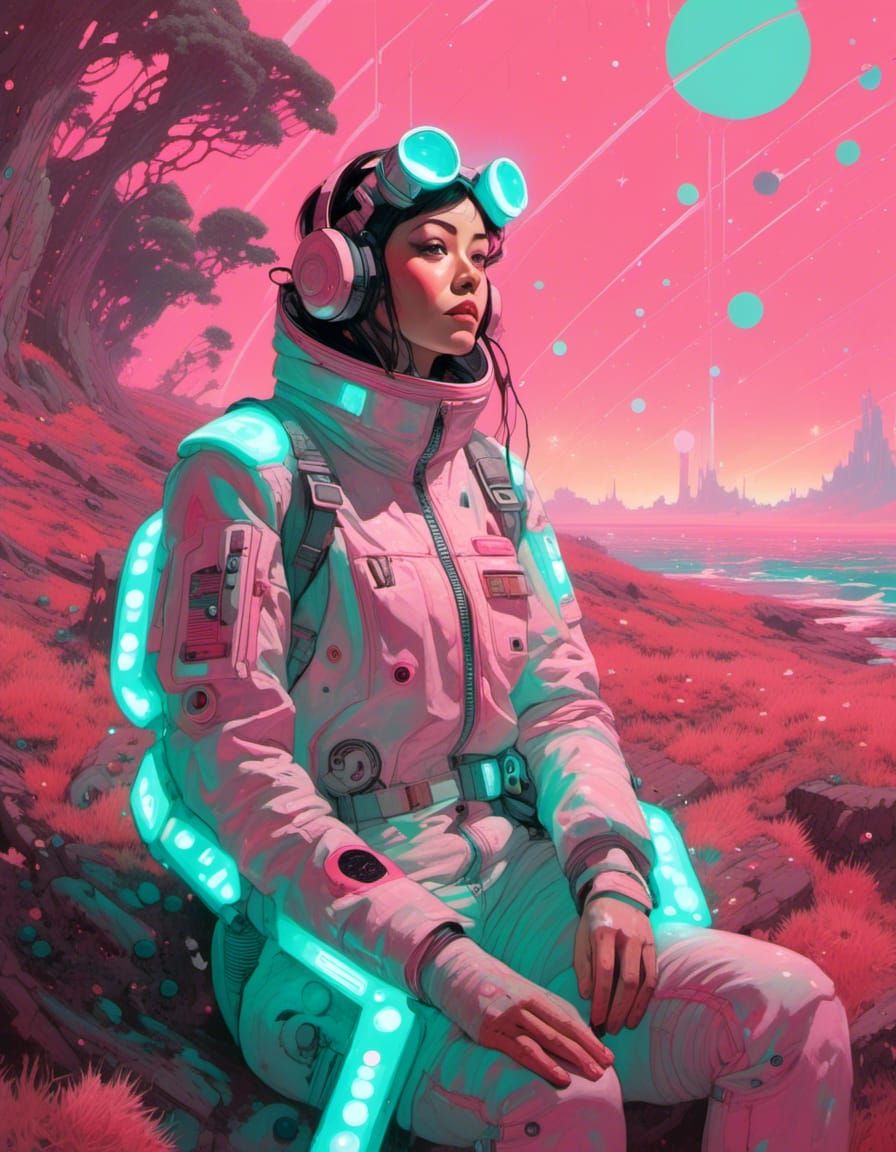 Stranded Explorer Portrait on Bioluminescent Planet in Cyber...