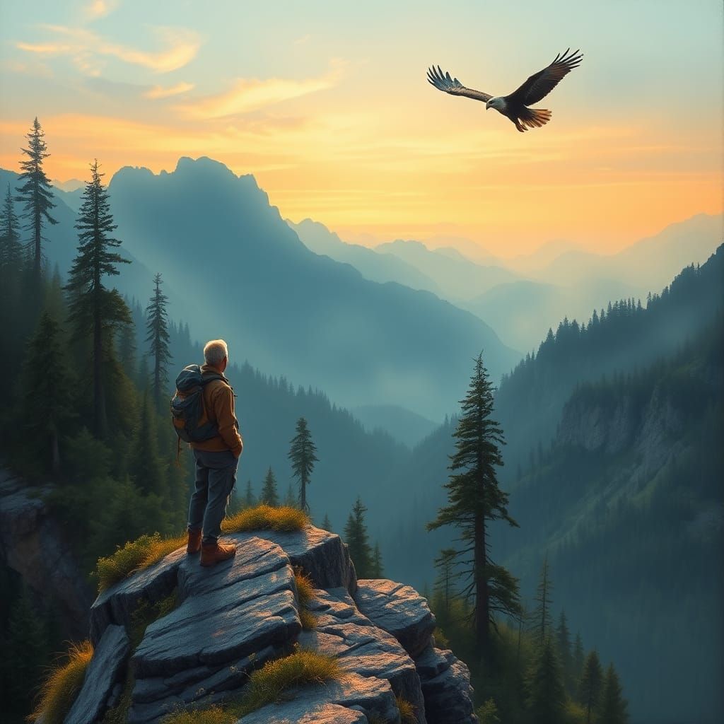 Majestic Hiker at Misty Mountain Dawn