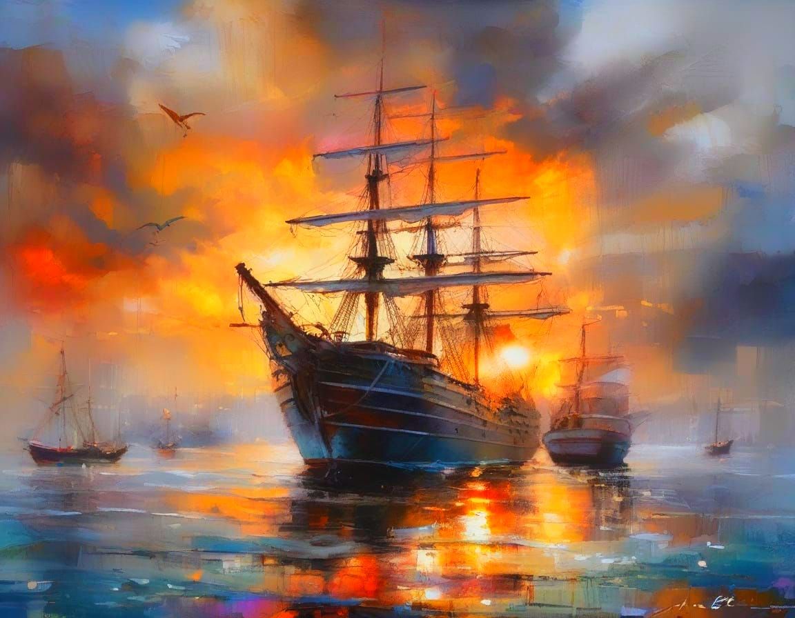 Ancient Ship at Sunset Harbor in Neo-Impressionist Style