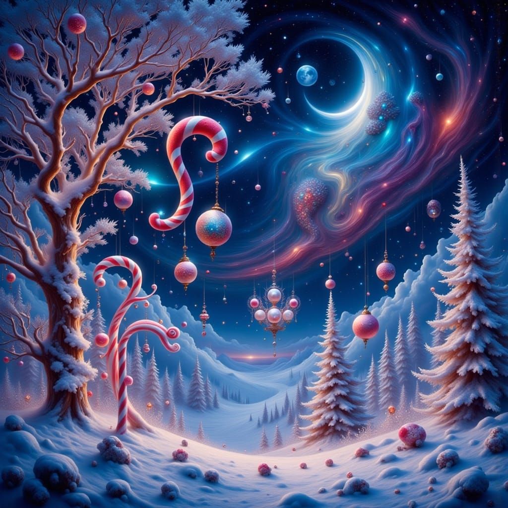 Surreal Christmas Dreamscape with Cosmic Sky