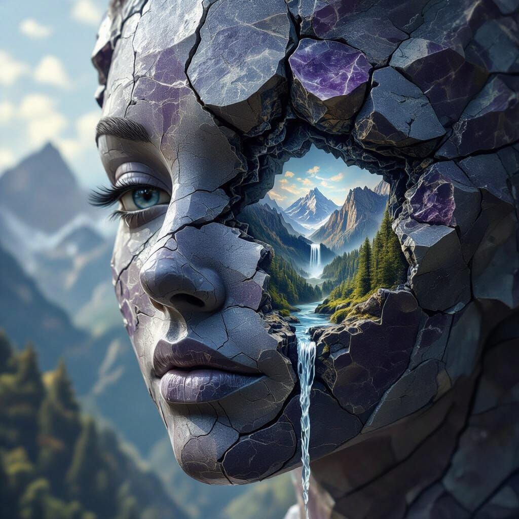 Amethyst Woman's Face with Mountain Waterfall Scene