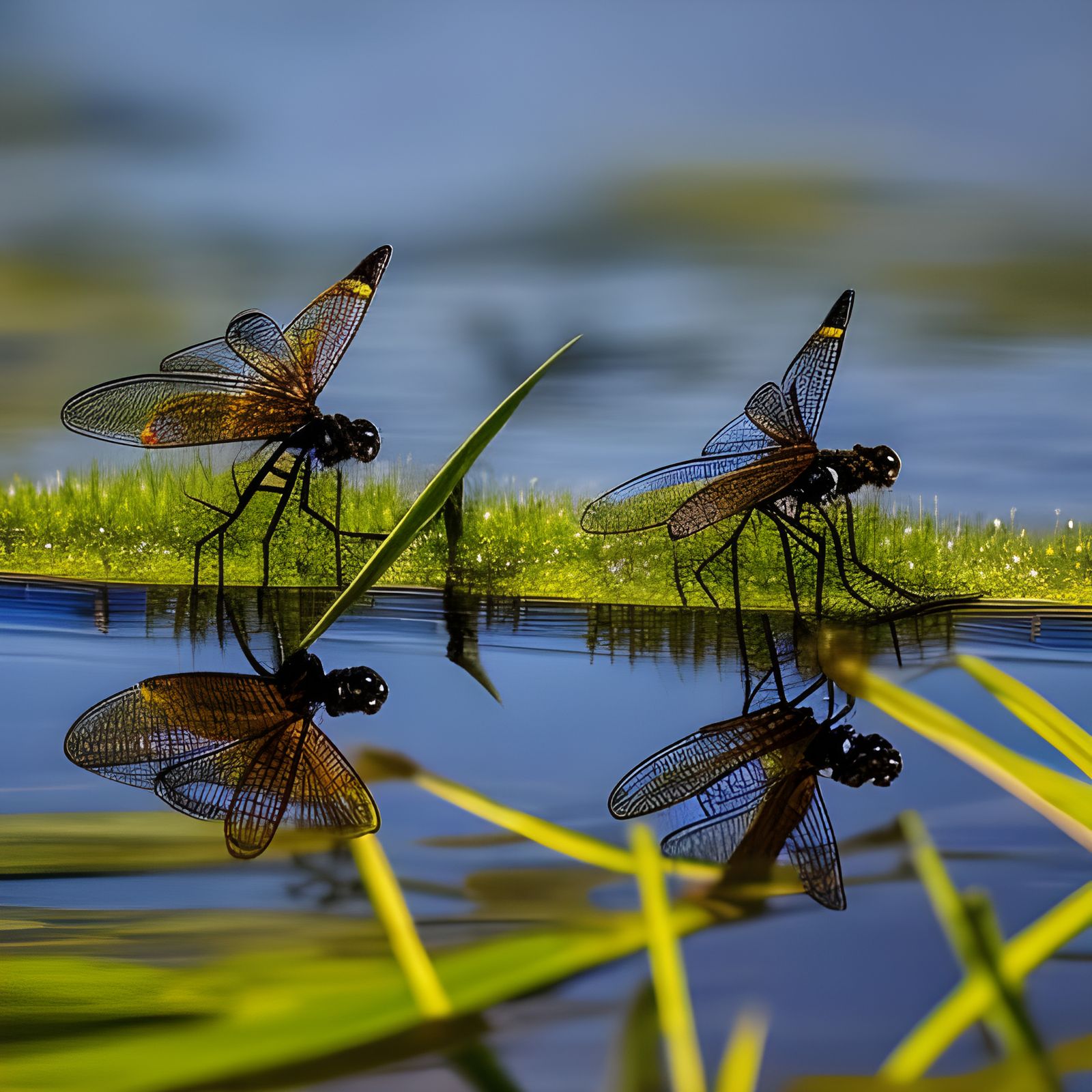 Dragonflies perched on Rushes in Ektachrome Style