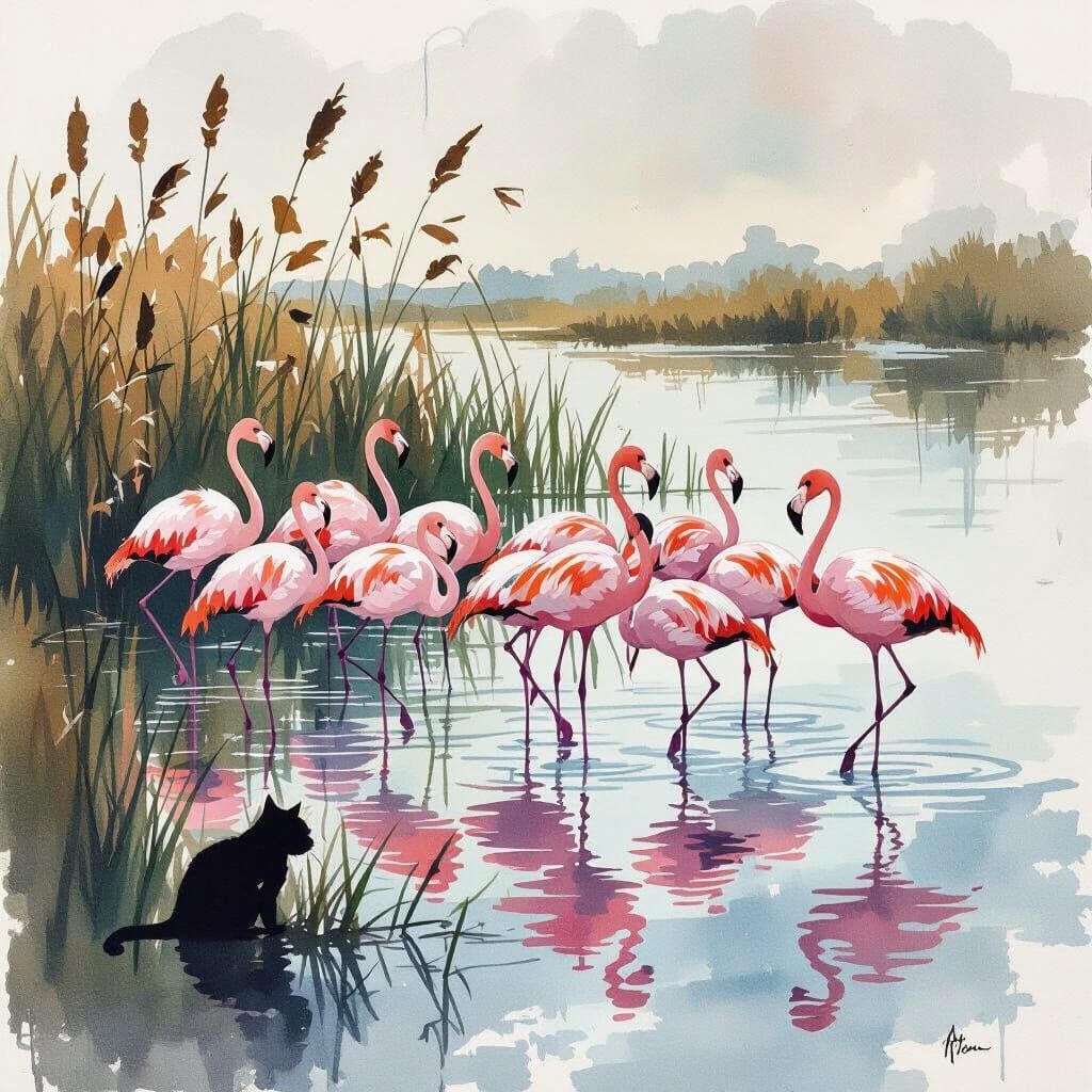 Flamingos and Lurking Predator in Watercolor Style