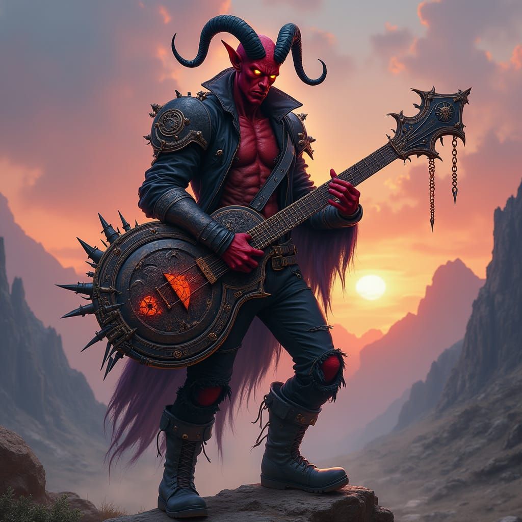 Dark Fantasy Metal Tiefling Bard in Heavy Metal Stance