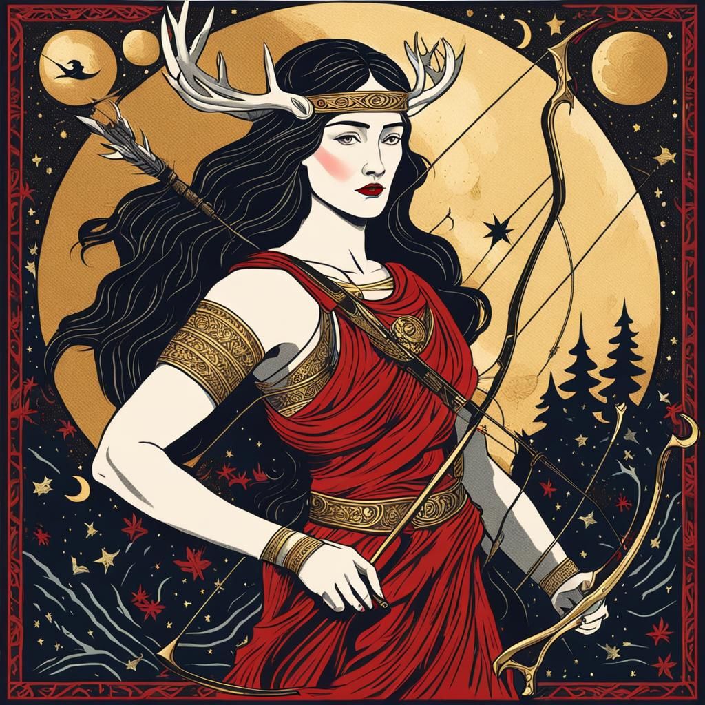 Artemis Hunting Stag in Dark Forest