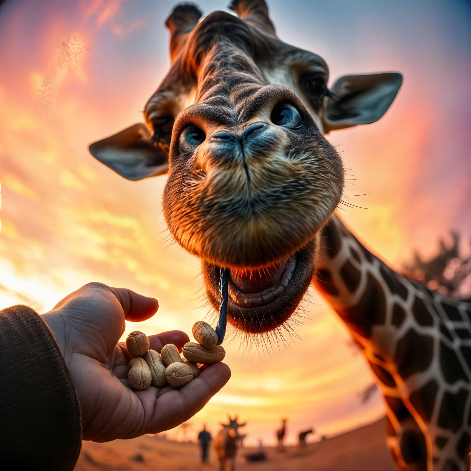 Surreal Close-Up of a Giraffe's Face, Eaten Peanuts and Soft...