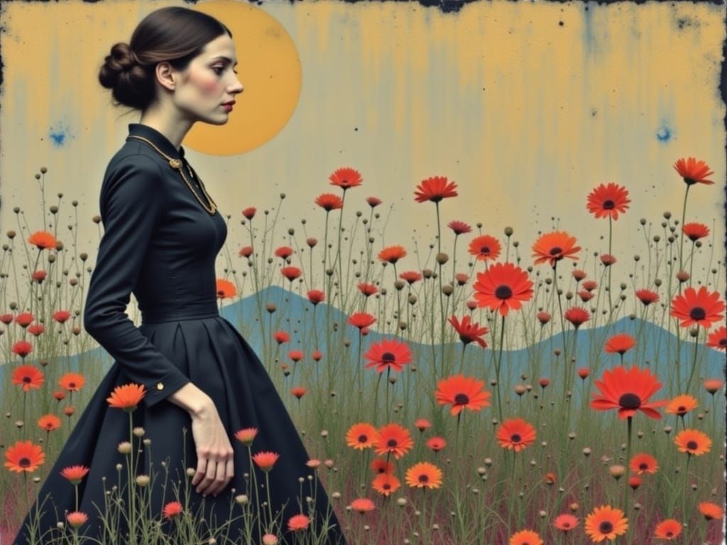 Woman with Floral Background in Klimt Style