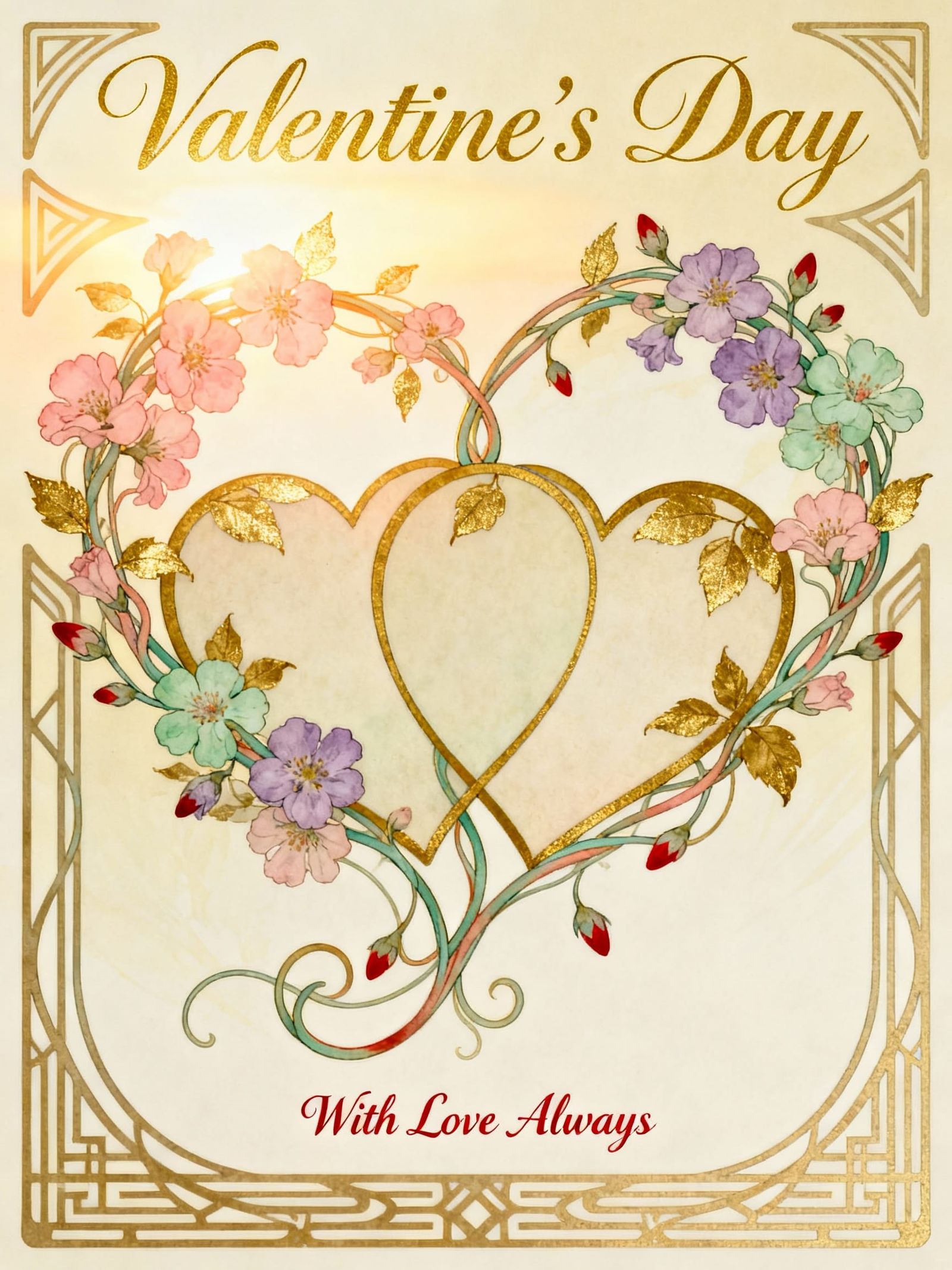 Art Nouveau Valentine's Day Postcard with Hearts